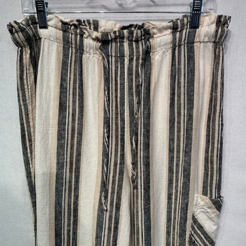 Naturals D&co Linen Striped cropped Cargo pocket paper bag waist pants  SMALL - Picture 2 of 9